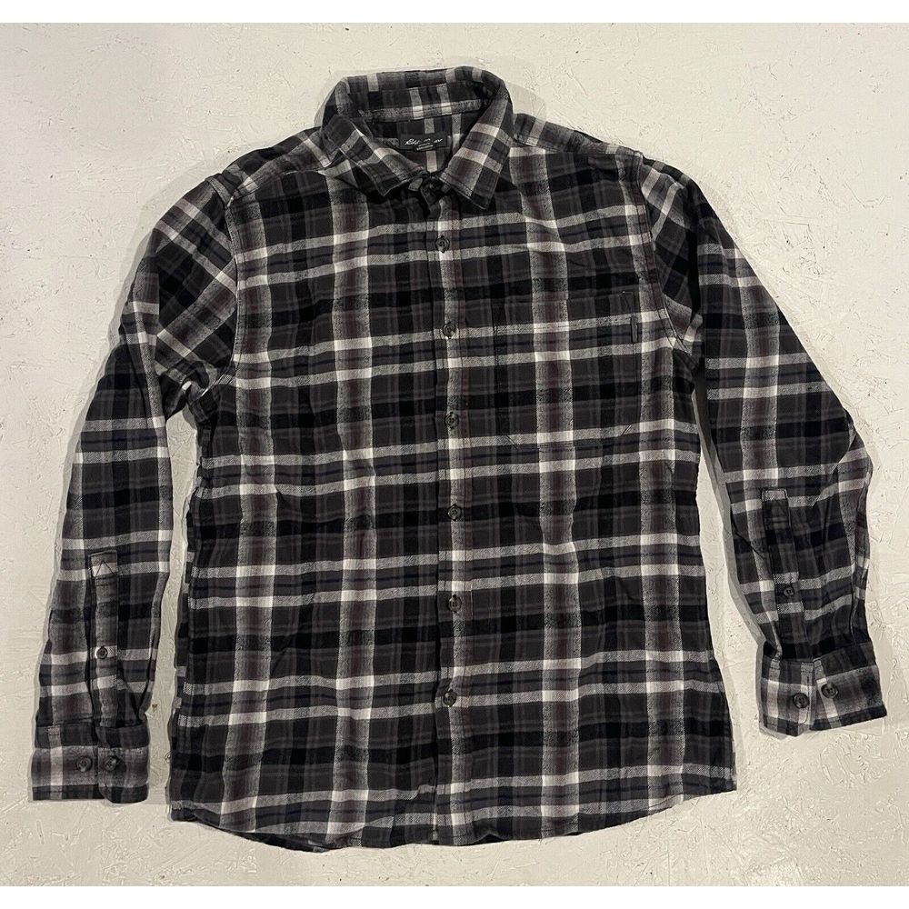 Eddie‎ Bauer Flannel Plaid Shirt Men's Gray Cotton Medium Long Sleeve Button Up